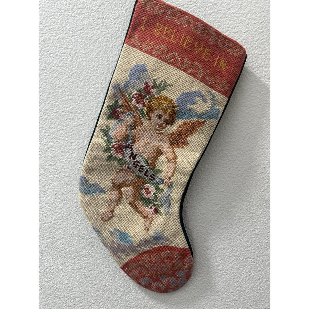Needlepoint Christmas Stocking Wool Cherub I Believe In Angels